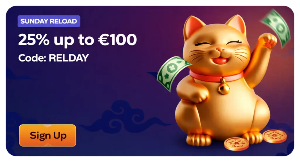 Manekispin Casino Sunday reload bonus 25% up to €100