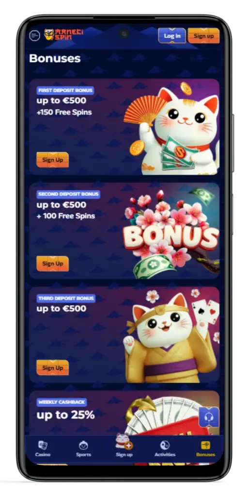 Manekispin Casino bonuses mobile page deposit offers interface