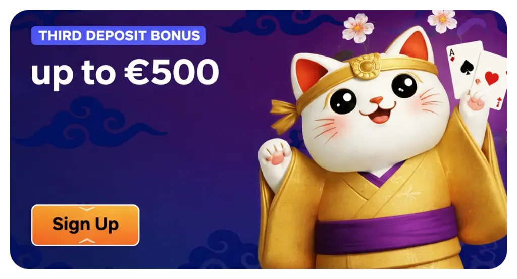 Manekispin Casino third deposit bonus up to €500 offer