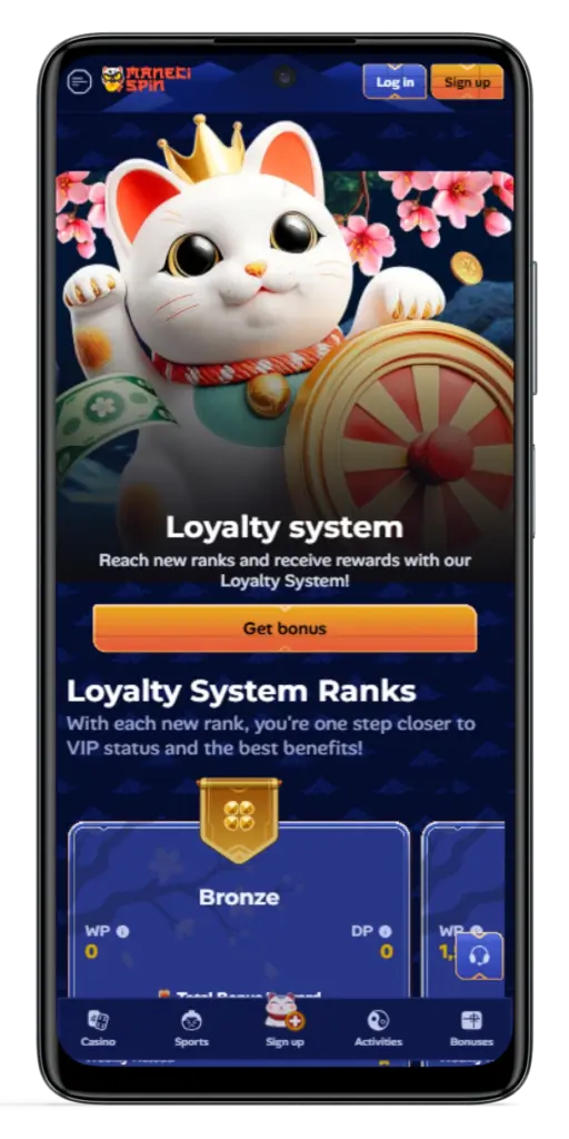 Manekispin loyalty system mobile interface VIP ranks overview