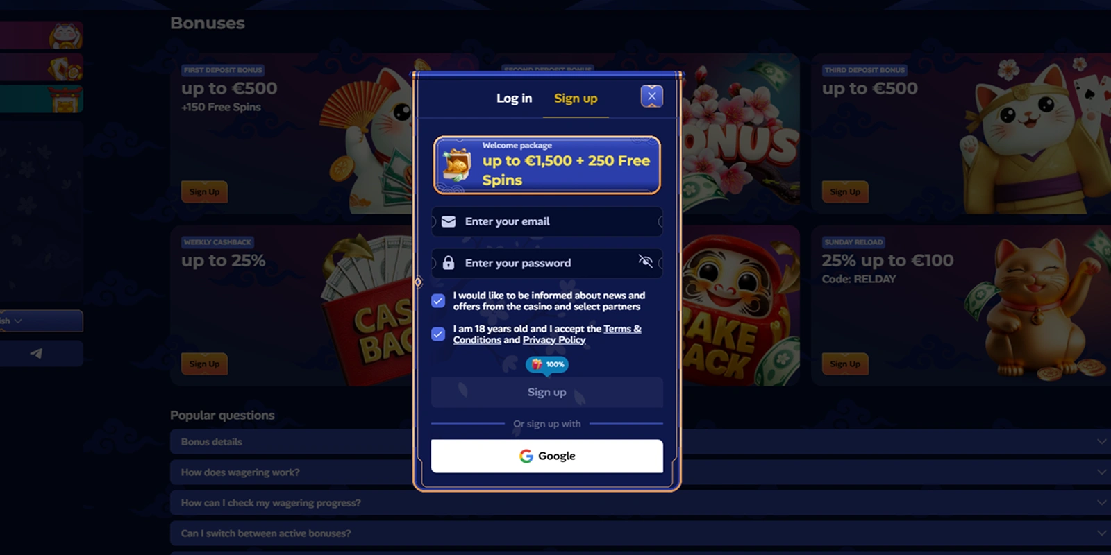 Manekispin sign up bonus €1500 free spins form