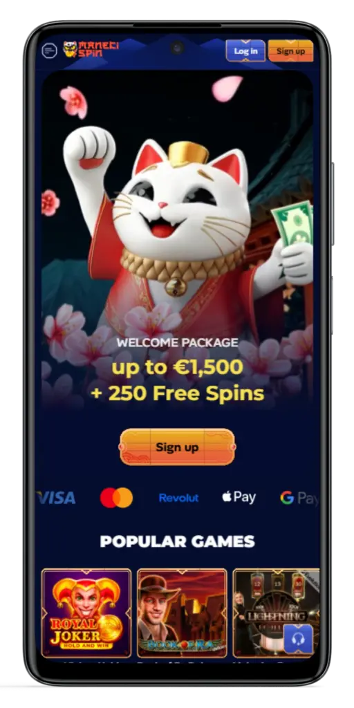 Manekispin welcome package €1500 free spins mobile screen